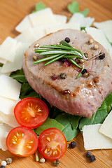 Image showing Cooked Beef on arugula and parmesan