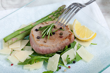 Image showing Delicious Beef on arugula salad and parmesan