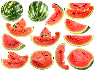 Image showing Set of fresh slices and full a ripe watermelons