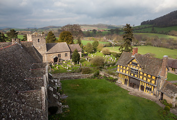 Image showing Stokesay Castle in Shropshire on cloudy day