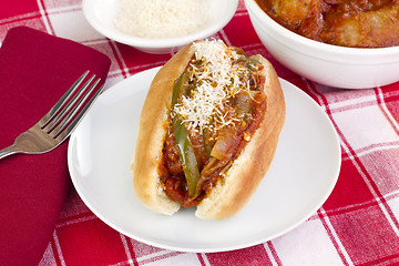 Image showing Italian Sausage, onion, and  pepper parmesan sub sandwich.