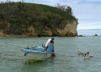 Image showing fishermen and three pelicans on pacific ocean