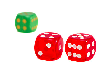 Image showing dice red and green isolated on white background. 