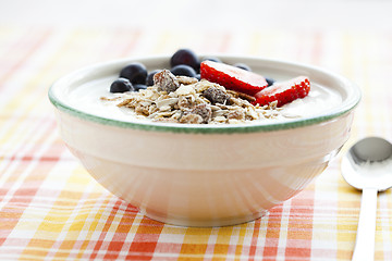 Image showing Bowl of muesli, yoghurt and berries