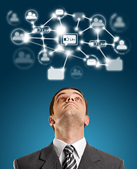 Image showing Businessman Looking Upwards in Social Network