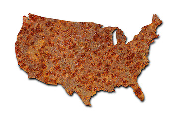 Image showing Rusted corroded metal map of the United States on white