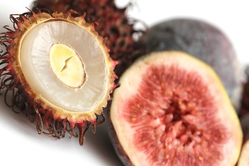 Image showing exotic fruits compilation: rambutan and fig