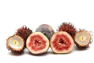 Image showing exotic fruits compilation: rambutan and fig