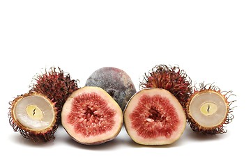 Image showing exotic fruits compilation: rambutan and fig