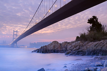 Image showing bridge at sunset moment, Tsing ma bridge 