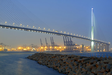 Image showing container terminal and stonecutter bridge in Hong Kong 