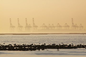 Image showing container cranes on a foggy morning