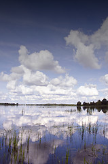 Image showing Background of cloudy sky reflection on lake 