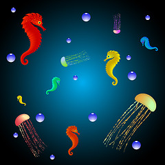 Image showing jellyfishes and seahorses