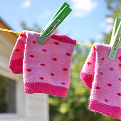 Image showing Pink baby sock hanging on the clothesline