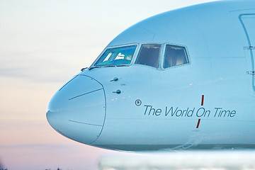 Image showing Front profile and cockpit windows of wide-body airplane