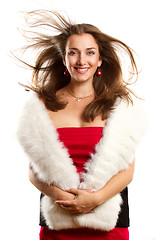 Image showing Woman In Red Dress With Furs