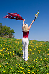 Image showing young woman with a red scarf on a meadow