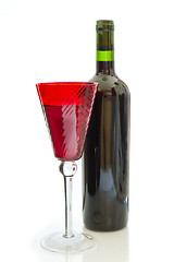 Image showing red wine bottle with glass