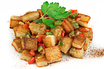 Image showing Stacked Home Fried Potatoes on a white background.