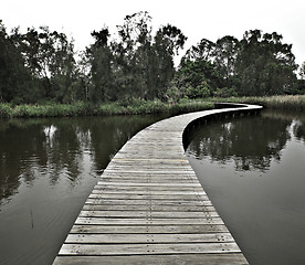 Image showing boardwalk through water to forest