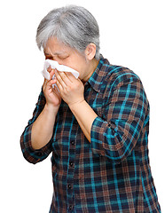 Image showing mature asian woman sneezing