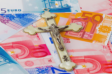 Image showing Crucifix on euro banknotes