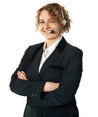 Image showing Smiling female operator with crossed arms