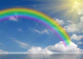 Image showing Rainbow the sun and a grass
