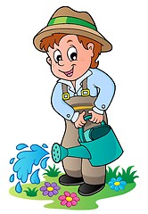 Image showing Cartoon gardener with watering can