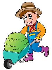 Image showing Cartoon farmer with small hay cart