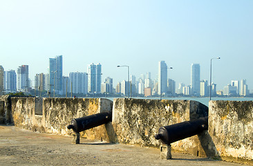 Image showing historic cannons The Wall Cartagena Colombia South America view 