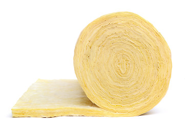 Image showing Roll of fiberglass insulation material, isolated on white background.