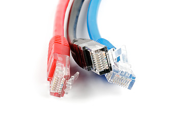 Image showing Black, red and blue UTP cords with RJ-45 Connectors 