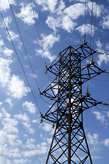 Image showing Power transmission line against blue sky with clouds