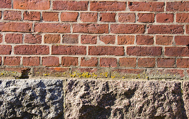 Image showing Background red brick wall stone house foundations 