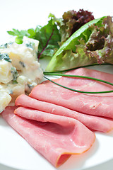 Image showing Vertical Sliced smoked beef and salad