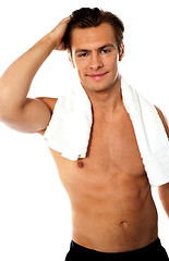 Image showing Shirtless man with white towel