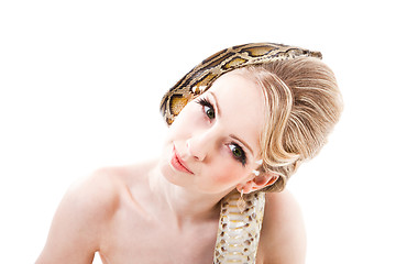 Image showing Beautiful woman holding Python on isolated white