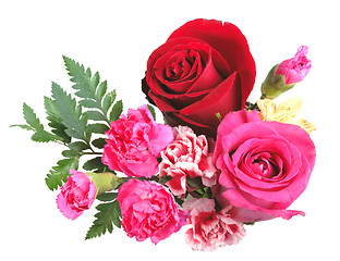 Image showing Bouquet of orange, pink and red flowers