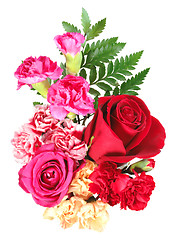 Image showing Bouquet of orange, pink and red flowers