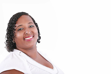 Image showing close up of plus size black model smiling, copyspace on white