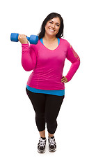 Image showing Hispanic Woman In Workout Clothes Lifting Dumbbell