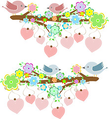 Image showing Cards with couples of birds sitting on branches with hearts