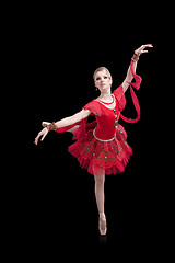 Image showing ballerina wearing red tutu posing on isolated black