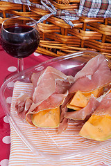 Image showing Cantaloupe melon with italian ham