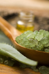 Image showing Aloe vera with bath salt and massage oil