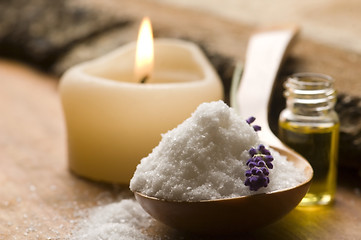 Image showing Bath Salt With Fresh Lavender Flowers