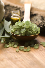 Image showing Aloe vera with bath salt and massage oil