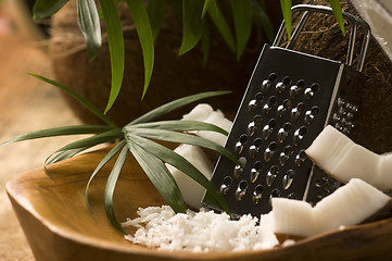 Image showing Grated coconut with grater and nut 